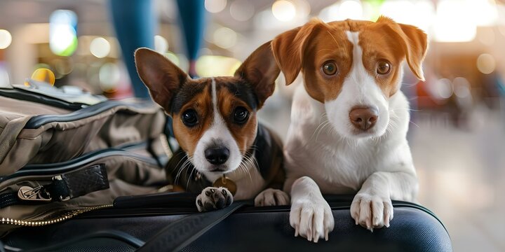 Pets with cat and dog in suitcase at airport traveling with animals. Concept Traveling with Pets, Pet Photography, Cat and Dog Travel, Airport Adventure, Animal Suitcase Journey
