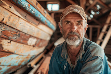 Boat builder at the workplace looking into the camera, boat construction