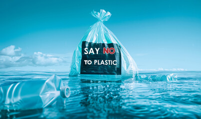Naklejka premium A plastic bag is floating in the ocean with a sign that says 