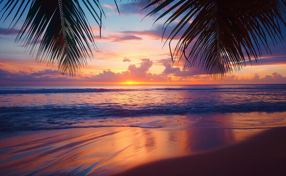 A serene tropical beach at sunset with palm trees framing the view.