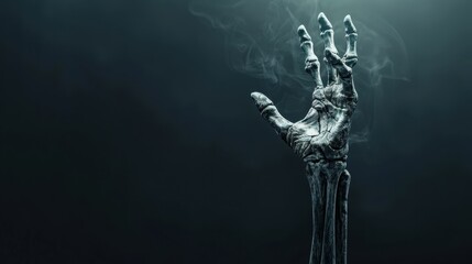 Eerie Skeletal Hand Reaching Up from Darkness with Smoky Background - Spooky Halloween or Horror Concept