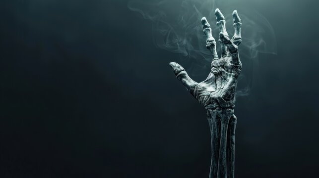 Eerie Skeletal Hand Reaching Up from Darkness with Smoky Background - Spooky Halloween or Horror Concept