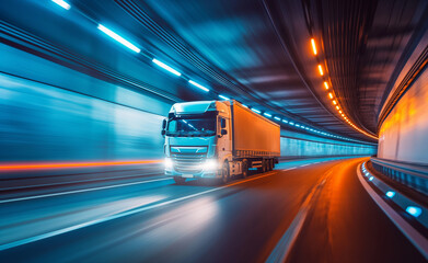 Fototapeta premium A truck driving at high speed through an illuminated tunnel.