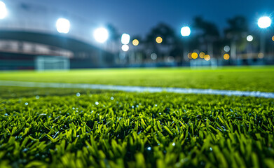 A close-up view of a well-lit soccer field at night, focusing on the grass.