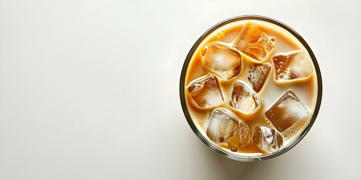 Iced latte in a glass with ice cubes from a top view on a white background. Concept Food & Drink Photography, Top-Down Shots, Refreshing Beverages, Iced Coffee Ideas