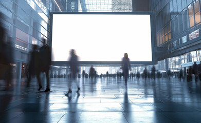 People walking in front of a large, blank billboard in a modern urban space.

