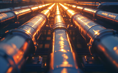 Industrial pipes illuminated by the warm glow of the setting sun.