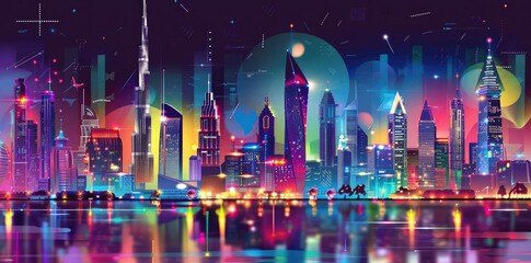 Obraz premium Vibrant Nighttime Cityscape Illustration