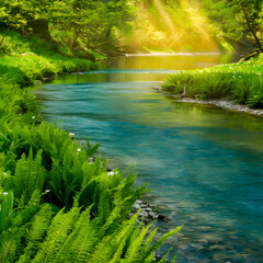 Fototapeta premium A serene and picturesque scene of a flowing river in a lush, vibrant spring forest. The crystal-clear water meanders through the scene, reflecting the stunning hues of the blossoming flora. Majestic t