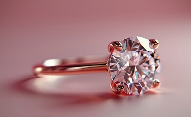 Close Up of a Diamond Engagement Ring on a Pink Surface