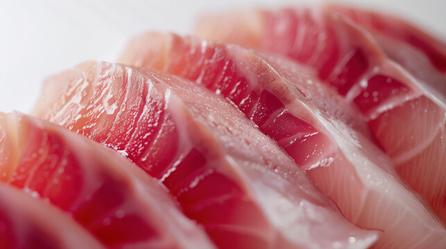 Fresh Hamachi Sashimi Yellowtail Slices Suspended in Air on White Background - Premium Japanese Cuisine Close-Up