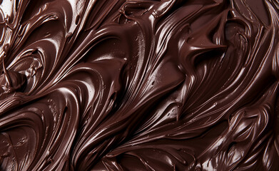 Naklejka premium A close-up of smooth, swirled melted chocolate with rich texture and shine.