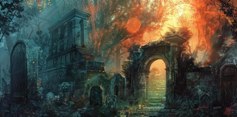 Obraz premium Ancient Ruins in a Mystical Forest Illustration