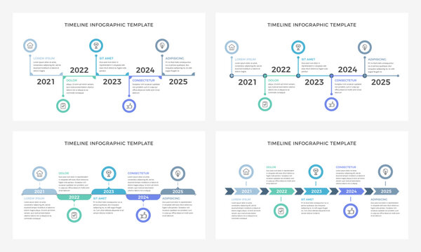 Four timeline infographic templates with five elements, presentation slides, vector eps10 illustration