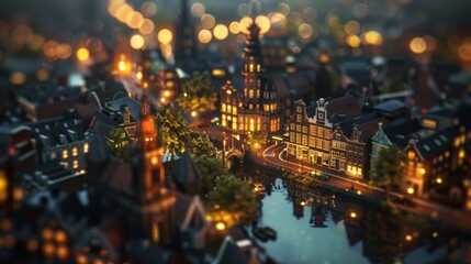 Illuminated Art Deco Nighttime View with Wide Angle Lens Flare and Soft Focus