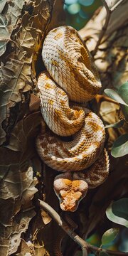 A snake curled up on a tree branch.