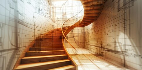 Obraz premium Spiral Staircase 3D Illustration with Blueprint Overlay
