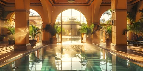 A wellness resort offering gym spa hot springs and relaxation services. Concept Wellness Destination, Spa Treatments, Fitness Retreat, Hot Springs Relaxation, Health and Wellness