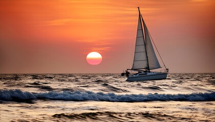 A Sailboat In Front of a Sunset. full sail sailboat past yellow sunset in the ocean with orange skies sailboat is a silhouette