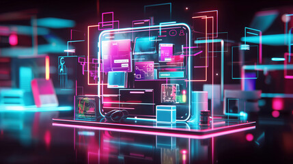 A futuristic digital shopping interface in a store with holographic displays.