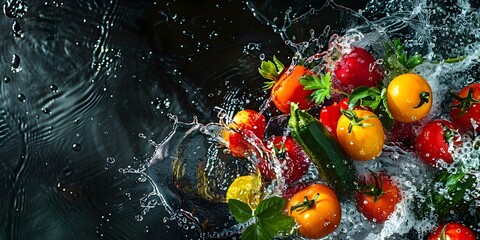 Promoting healthy organic nutrition with fresh fruits and vegetables splashing into water. Concept Organic, Nutrition, Fresh Fruits, Vegetables, Water Splashes