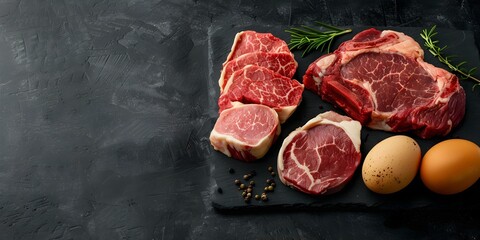 Various proteins on black stone background ribeye dorado pork egg. Concept Food Photography, Protein Sources, Black Stone Background, Ribeye Steak, Pork, Eggs