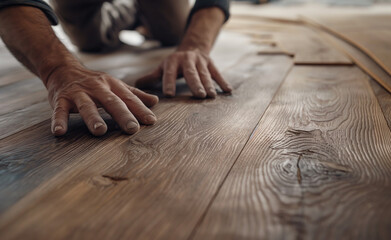 Hands installing wooden flooring with care and precision.