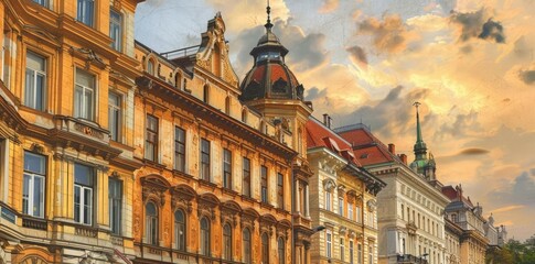 Obraz premium Vintage European Cityscape with Buildings and Golden Sky Illustration