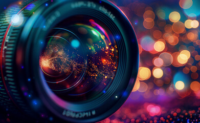 A camera lens reflecting colorful bokeh lights in an artistic close-up.