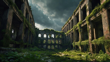 a vast abandoned city, overgrown with nature, crumbling buildings, moss-covered ruins, sunlight filtering through the decay, atmospheric lighting, dramatic clouds, moody and melancholic tone