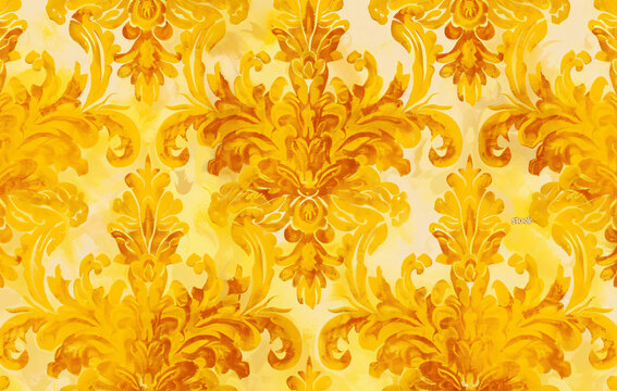Yellow damask pattern, vintage yellow wallpaper background with an intricate floral and leaf design. Grainy texture, retro color, digital painting
