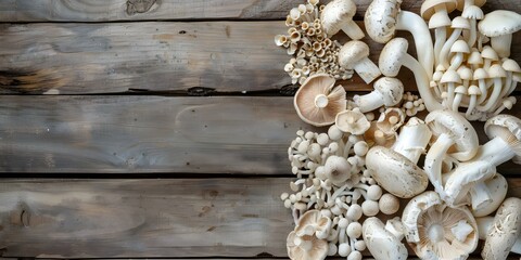 Variety of Fresh Mushrooms Arranged Tidily on a Wooden Surface. Concept Mushrooms, Fresh Produce, Food Photography, Wooden Background, Variety Display
