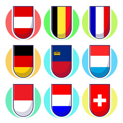 Western European Countries. Cute vector element design, travel symbols, landmark symbols, geography and map flags emblem.