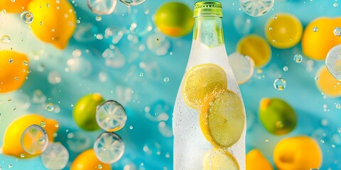 330ml white soda with floating lemons and limes against a colorful backdrop. Concept Food Photography, Citrus Refreshment, Mocktail Recipe, Creative Beverage Shots