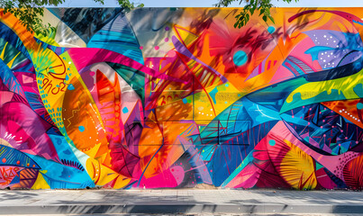 Fototapeta premium A vivid street art mural featuring an explosion of colors and abstract shapes with dynamic patterns, showcasing urban creativity and vibrant artistic expression.