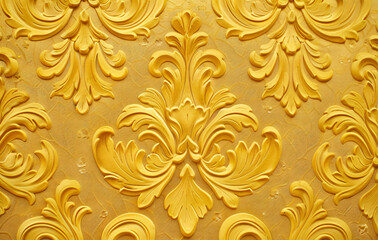 Yellow damask pattern, vintage yellow wallpaper background with an intricate floral and leaf design. Grainy texture, retro color, digital painting
