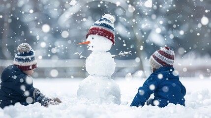 Two children playing in the snow, building a snowman with hats and scarves, surrounded by falling snowflakes on a winter day.