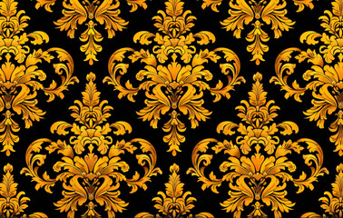 Fototapeta premium Yellow damask pattern, vintage yellow wallpaper background with an intricate floral and leaf design. Grainy texture, retro color, digital painting