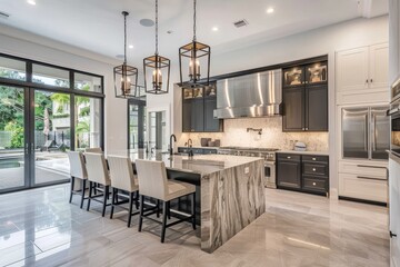 A sleek and modern kitchen with an open layout, island seating, and high-end appliances, perfect for cooking and entertaining