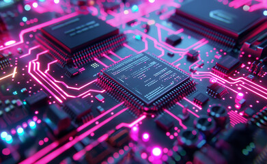 Obraz premium Close-up of a glowing microchip on a neon-lit circuit board.