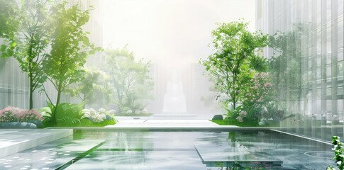 3D Illustration of a Modern Urban Oasis with Trees and a Reflective Pool