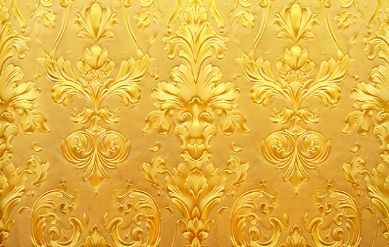 Yellow damask pattern, vintage yellow wallpaper background with an intricate floral and leaf design. Grainy texture, retro color, digital painting