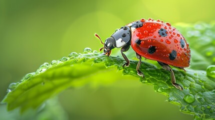 Obraz premium Red Ladybug Beetle on Green Leaf