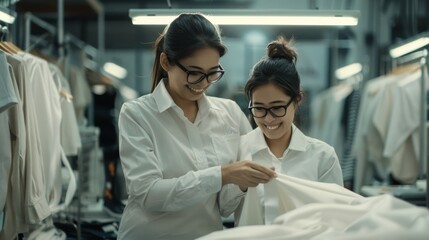 Fototapeta premium Two women wearing glasses inspecting fabric in a garment factory, showcasing teamwork and quality control in a textile manufacturing environment.