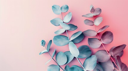 Fototapeta premium 3D minimalist eucalyptus leaves arrangement, split complementary colors, sleek and modern aesthetic, subtle gradients