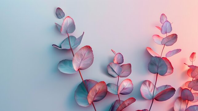 3D minimalist eucalyptus leaves arrangement, split complementary colors, sleek and modern aesthetic, subtle gradients