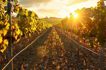 Fototapeta premium A picturesque vineyard with rows of grapevines stretching into the distance, bathed in golden sunlight and ready for harvest