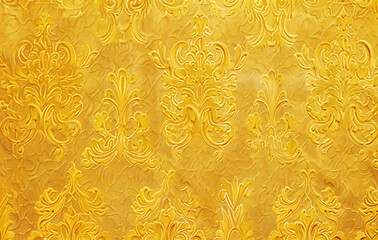 Yellow damask pattern, vintage yellow wallpaper background with an intricate floral and leaf design. Grainy texture, retro color, digital painting