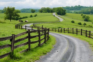 A peaceful countryside scene with a winding country road, wooden fence, and grazing livestock, evoking a sense of nostalgia and simplicity