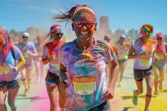 Vibrant and Joyful Color Run Event with Runners Covered in Colorful Powder, Celebrating Fitness and Fun